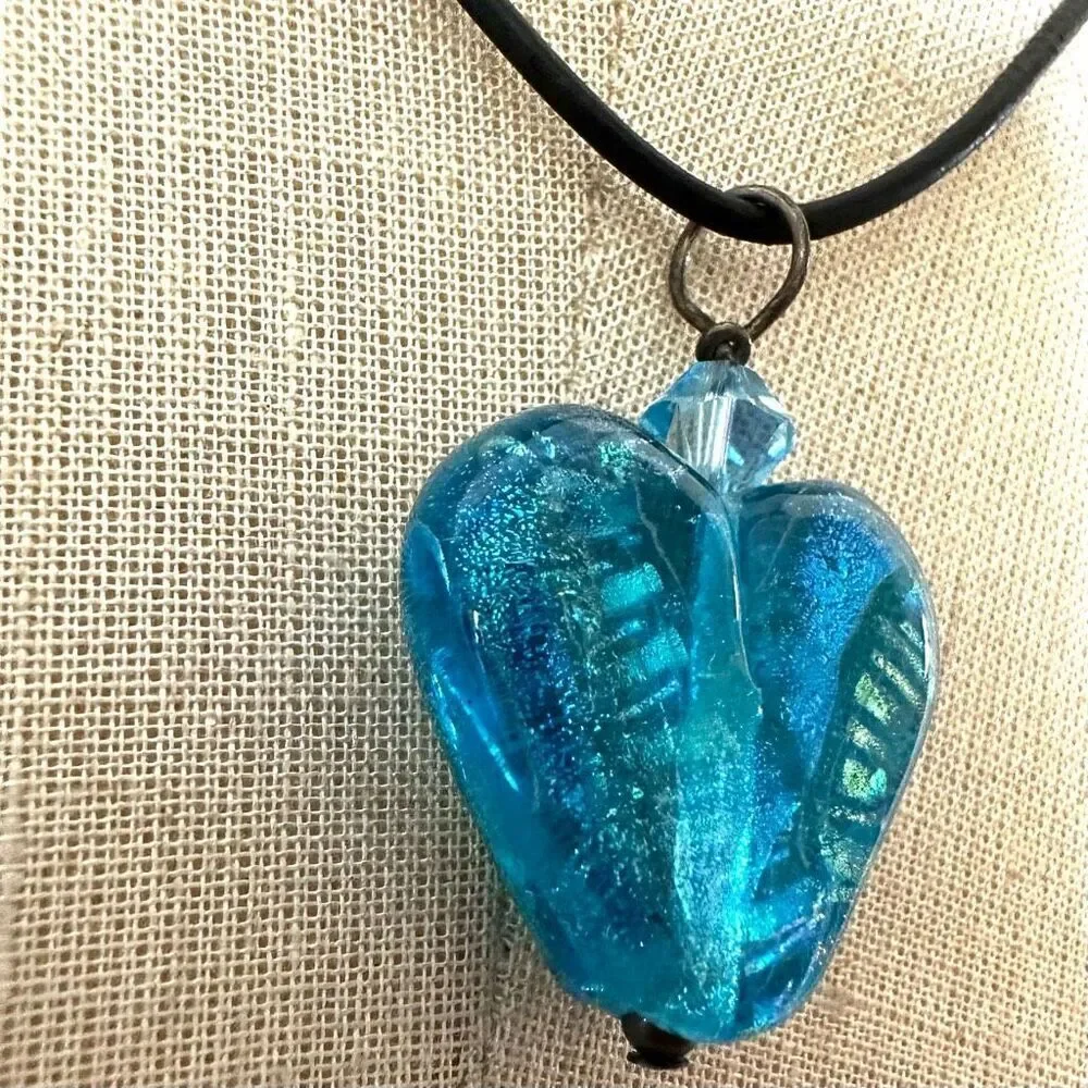 Blue glass heart pendant necklace sterling silver clasp on cord